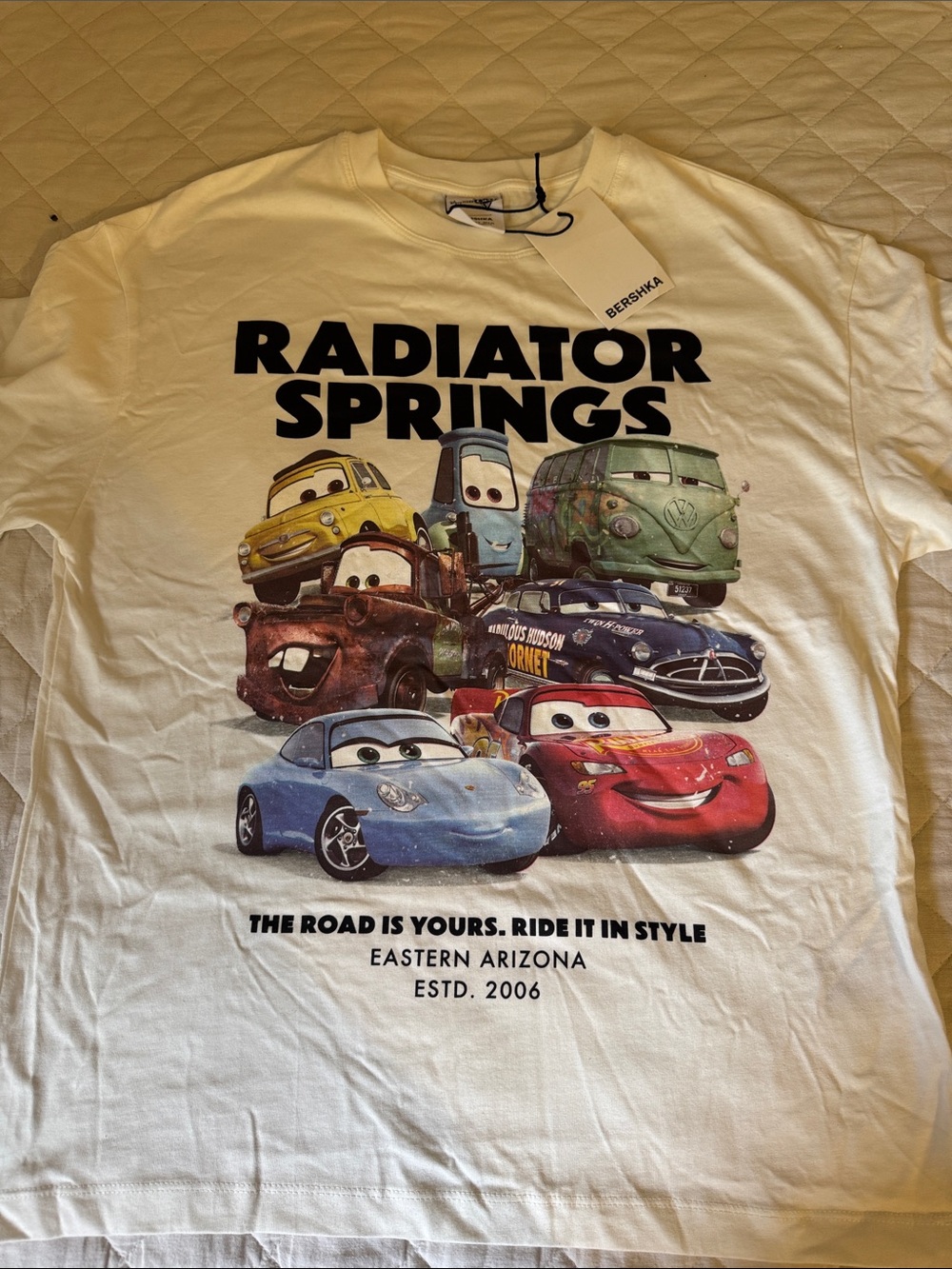 Bershka Kids Radiator Springs Graphic Tee - White with Red, Blue, Yellow, Green